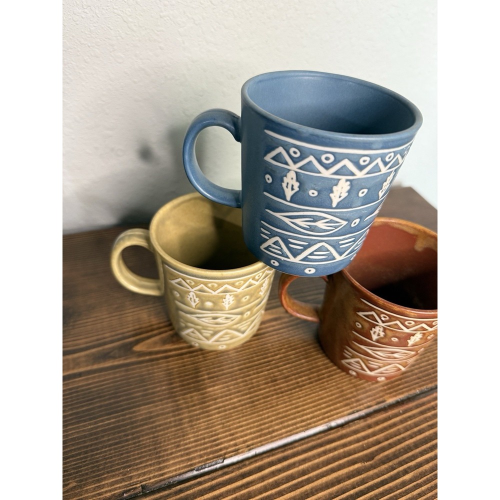 Vintage Pottery Barn Very Rare Cup Coffee Mug Vintage Set 3 Aztec Leaves - Picture 2 of 9